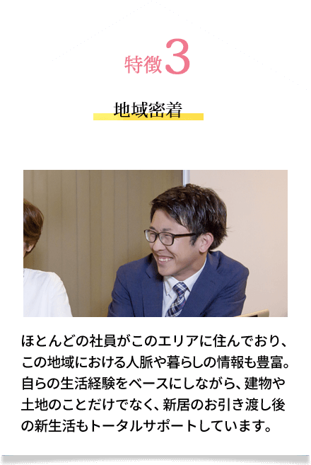 特徴3 地域密着 ほとんどの社員がこのエリアに住んでおり、この地域における人脈や暮らしの情報も豊富。自らの生活経験をベースにしながら、建物や土地のことだけでなく、新居のお引き渡し後の新生活もトータルサポートしています。